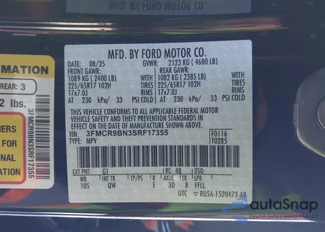 2025 Ford Bronco Sport Big Bend z USA, uszkodzony, nr VIN 3FMCR9BN3SRF17355